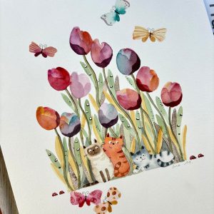 Original Hand-Painted Watercolor Art Vibrant Cats and Butterflies Dance on Canvas