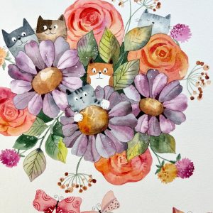 Original Hand-Painted Watercolor Cat Art Vibrant Nursery Decor for Kids’ Rooms