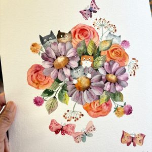 Original Hand-Painted Watercolor Cat Art Vibrant Nursery Decor for Kids’ Rooms