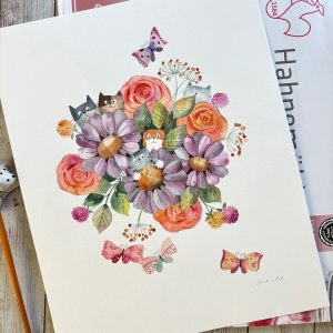 Original Hand-Painted Watercolor Cat Art Vibrant Nursery Decor for Kids’ Rooms