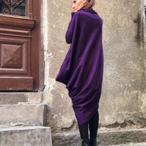 Oversized Hot Pink Tunic Dress Asymmetric Raglan Sleeves, Maxi Blouse, Turtle Neck