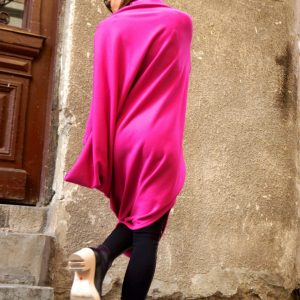 Oversized Hot Pink Tunic Dress Asymmetric Raglan Sleeves, Maxi Blouse, Turtle Neck