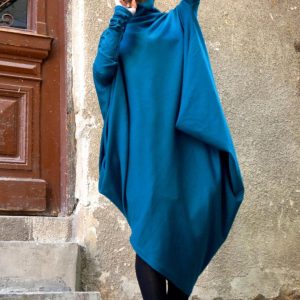 Oversized Hot Pink Tunic Dress Asymmetric Raglan Sleeves, Maxi Blouse, Turtle Neck