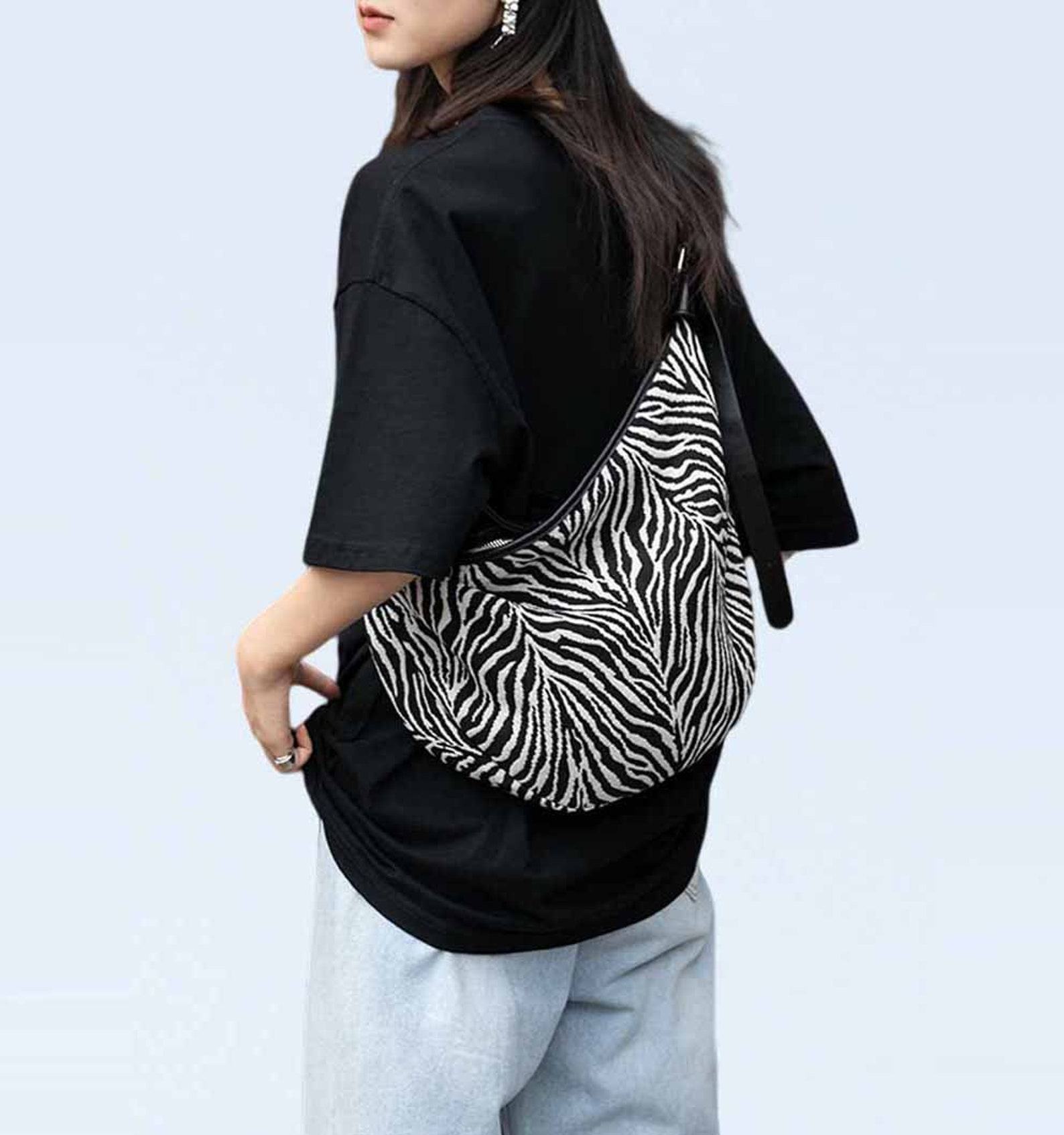 Oversized Moon Bag Canvas Croissant Crossbody, Nylon Sling, Zebra Shoulder Bag - Image 2