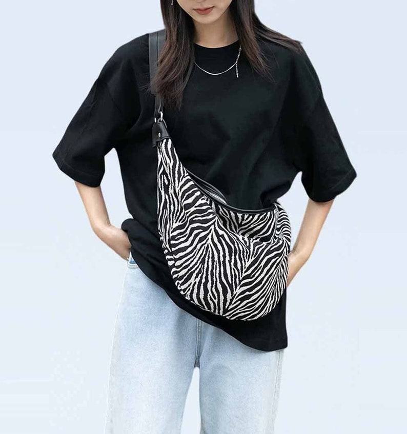 Oversized Moon Bag Canvas Croissant Crossbody, Nylon Sling, Zebra Shoulder Bag