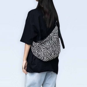 Oversized Moon Bag Canvas Croissant Crossbody, Nylon Sling, Zebra Shoulder Bag