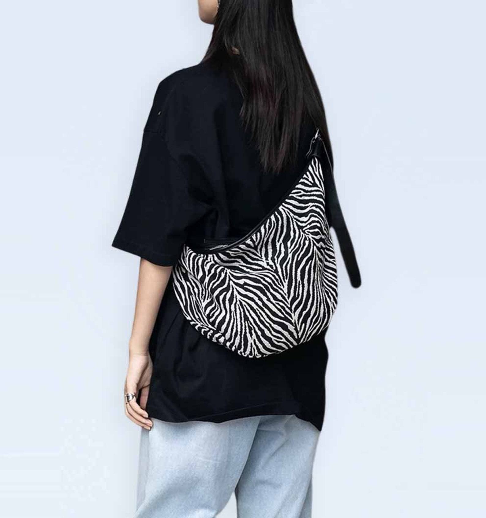 Oversized Moon Bag Canvas Croissant Crossbody, Nylon Sling, Zebra Shoulder Bag - Image 3