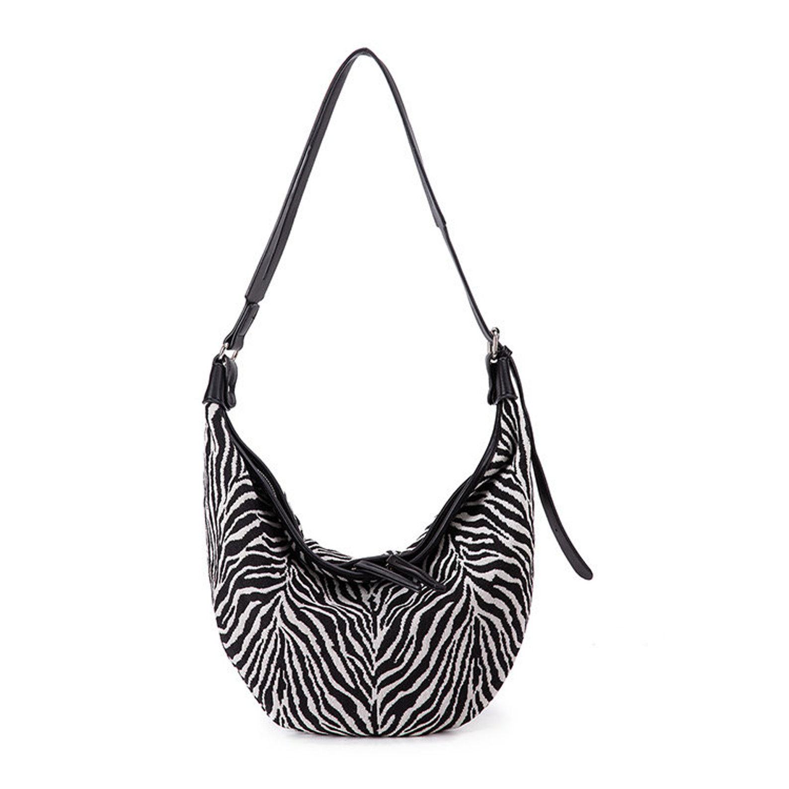 Oversized Moon Bag Canvas Croissant Crossbody, Nylon Sling, Zebra Shoulder Bag