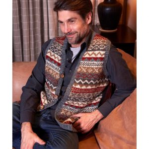 Pachamama Men’s Fair Isle Waistcoat Sustainable Wool, Coconut Buttons, Fair Trade