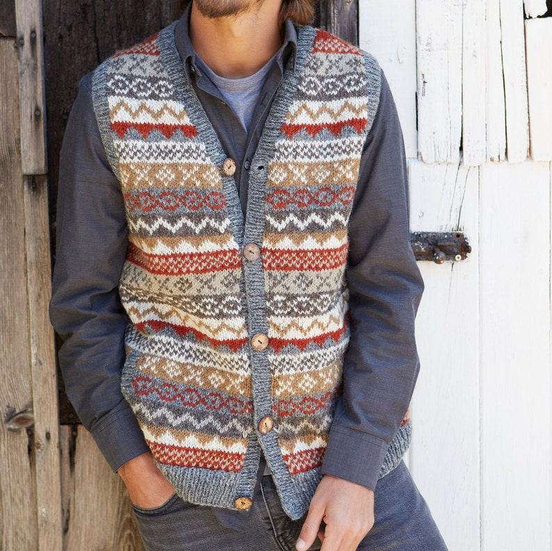 Pachamama Men’s Fair Isle Waistcoat Sustainable Wool, Coconut Buttons, Fair Trade