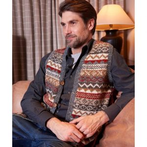 Pachamama Men’s Fair Isle Waistcoat Sustainable Wool, Coconut Buttons, Fair Trade