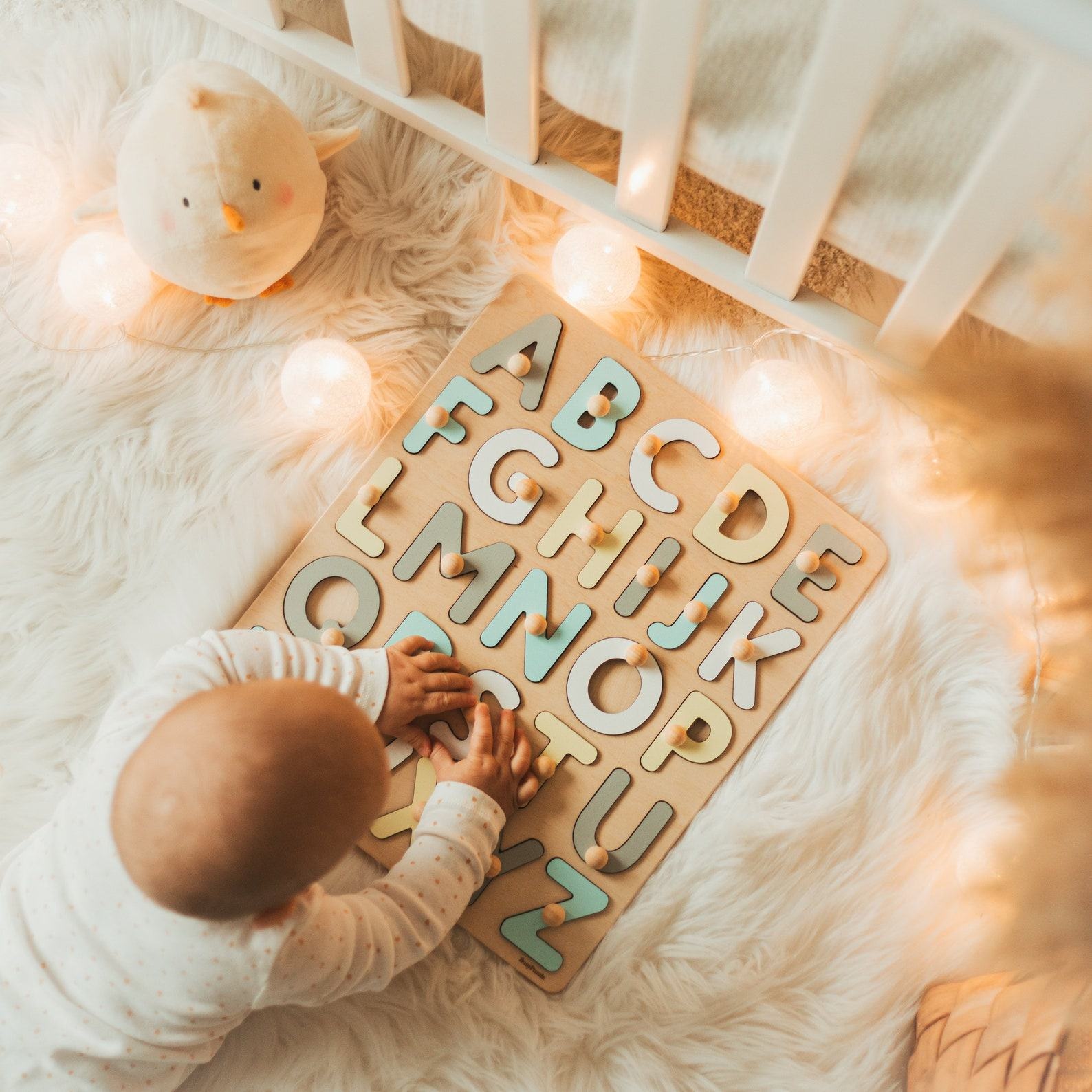 Pastel Wooden Alphabet Puzzle – Montessori Toy, Easter Present, First Birthday – Ready to Ship!