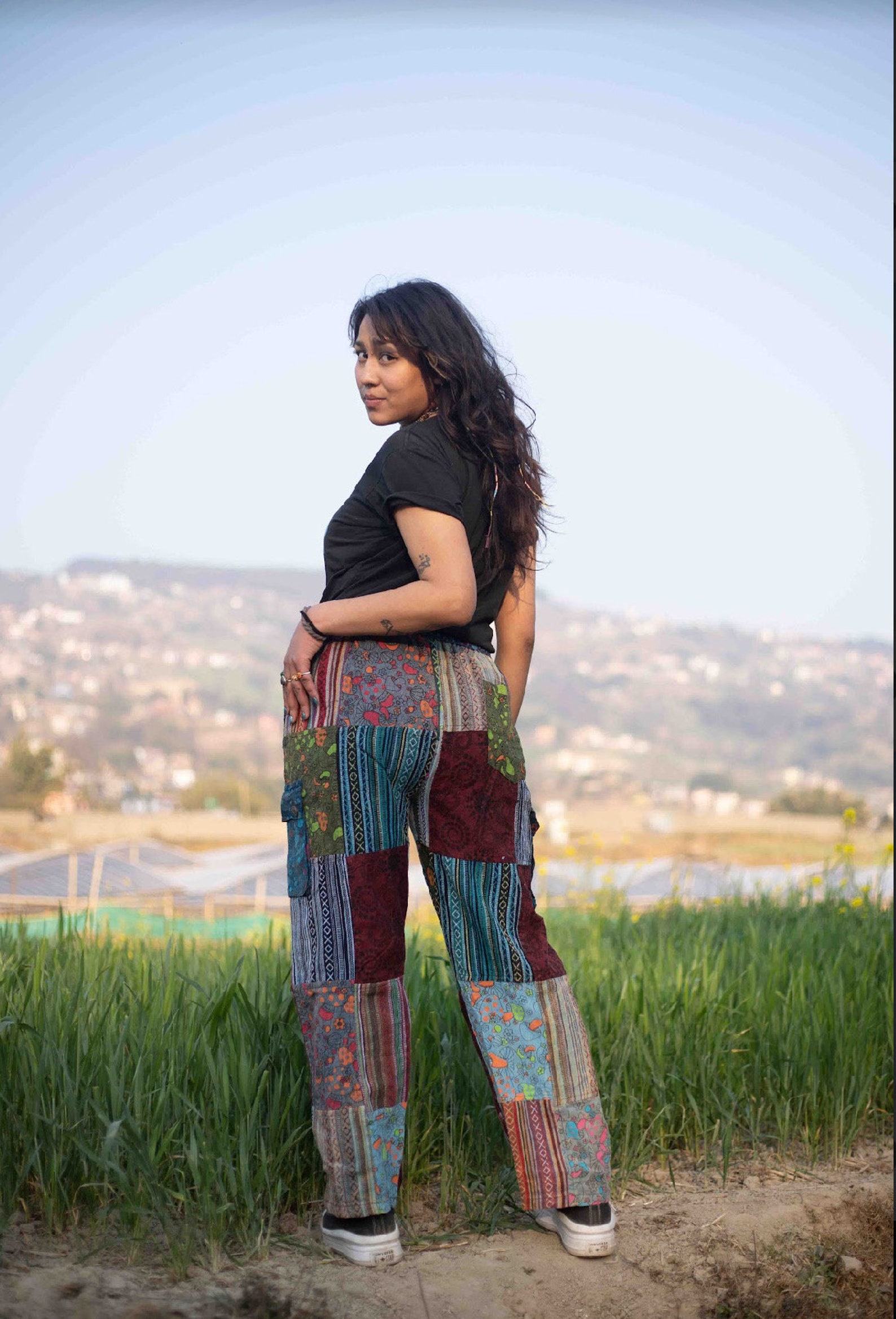 Patchwork Hippie Cotton Pants Unisex Mushroom Trousers for Festivals, Holidays, Yoga, and Summer | Ethically Made in Nepal - Image 6