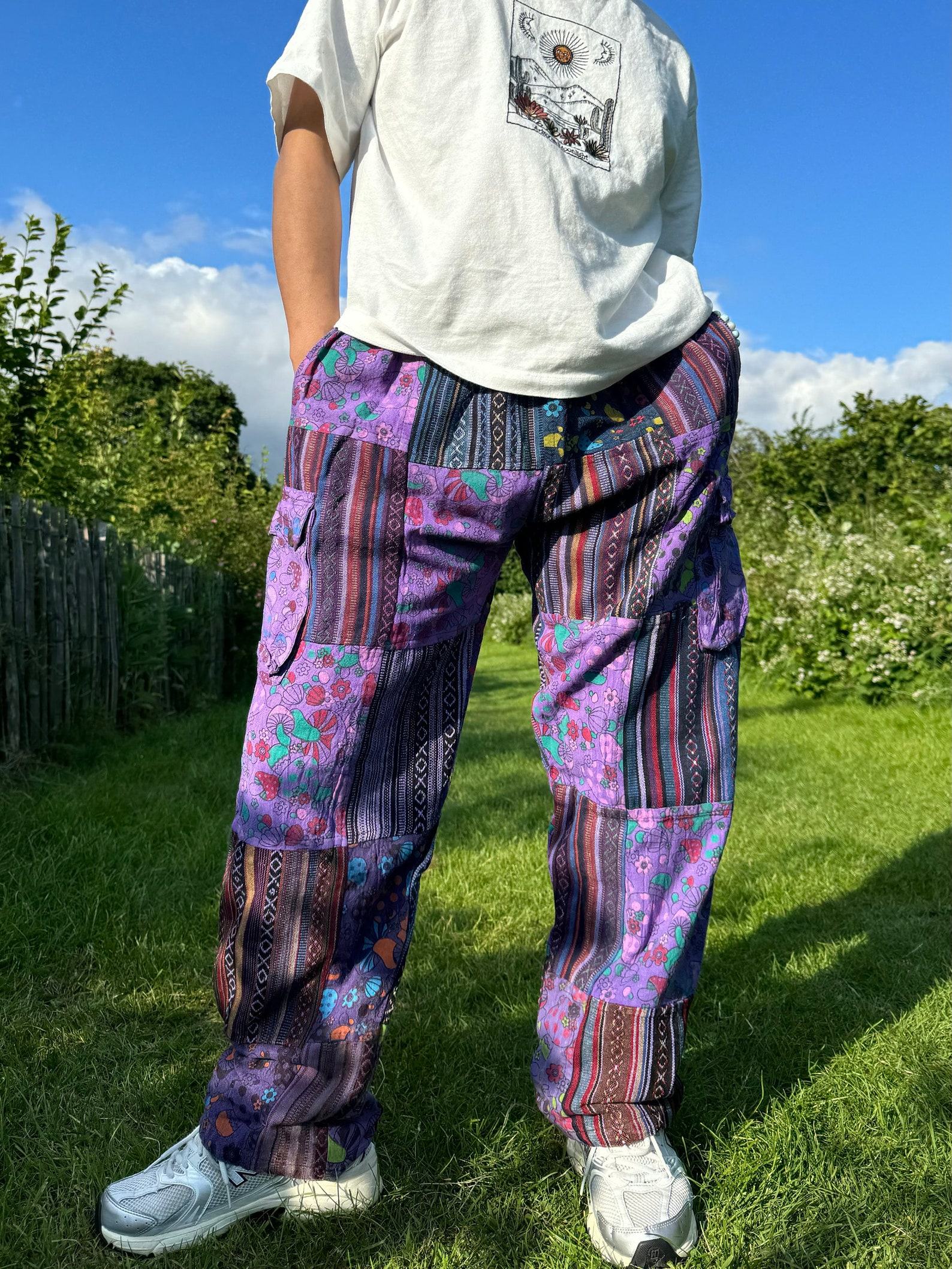 Patchwork Hippie Cotton Pants Unisex Mushroom Trousers for Festivals, Holidays, Yoga, and Summer | Ethically Made in Nepal - Image 4