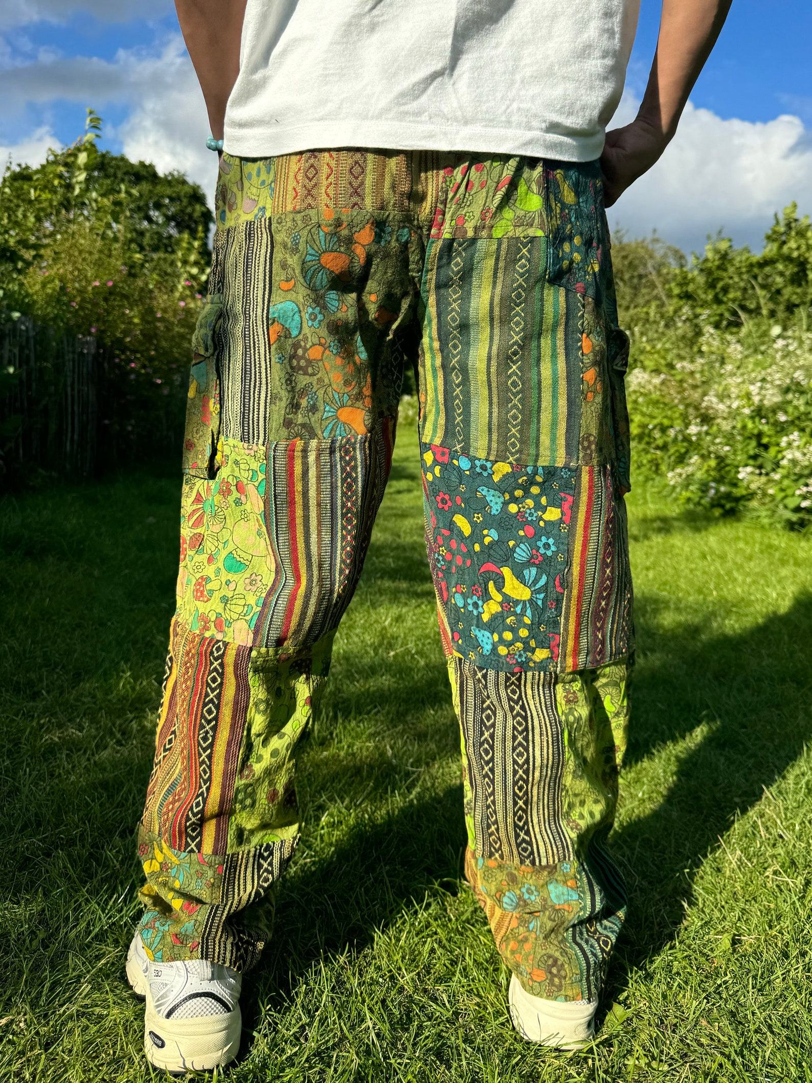 Patchwork Hippie Cotton Pants Unisex Mushroom Trousers for Festivals, Holidays, Yoga, and Summer | Ethically Made in Nepal - Image 5