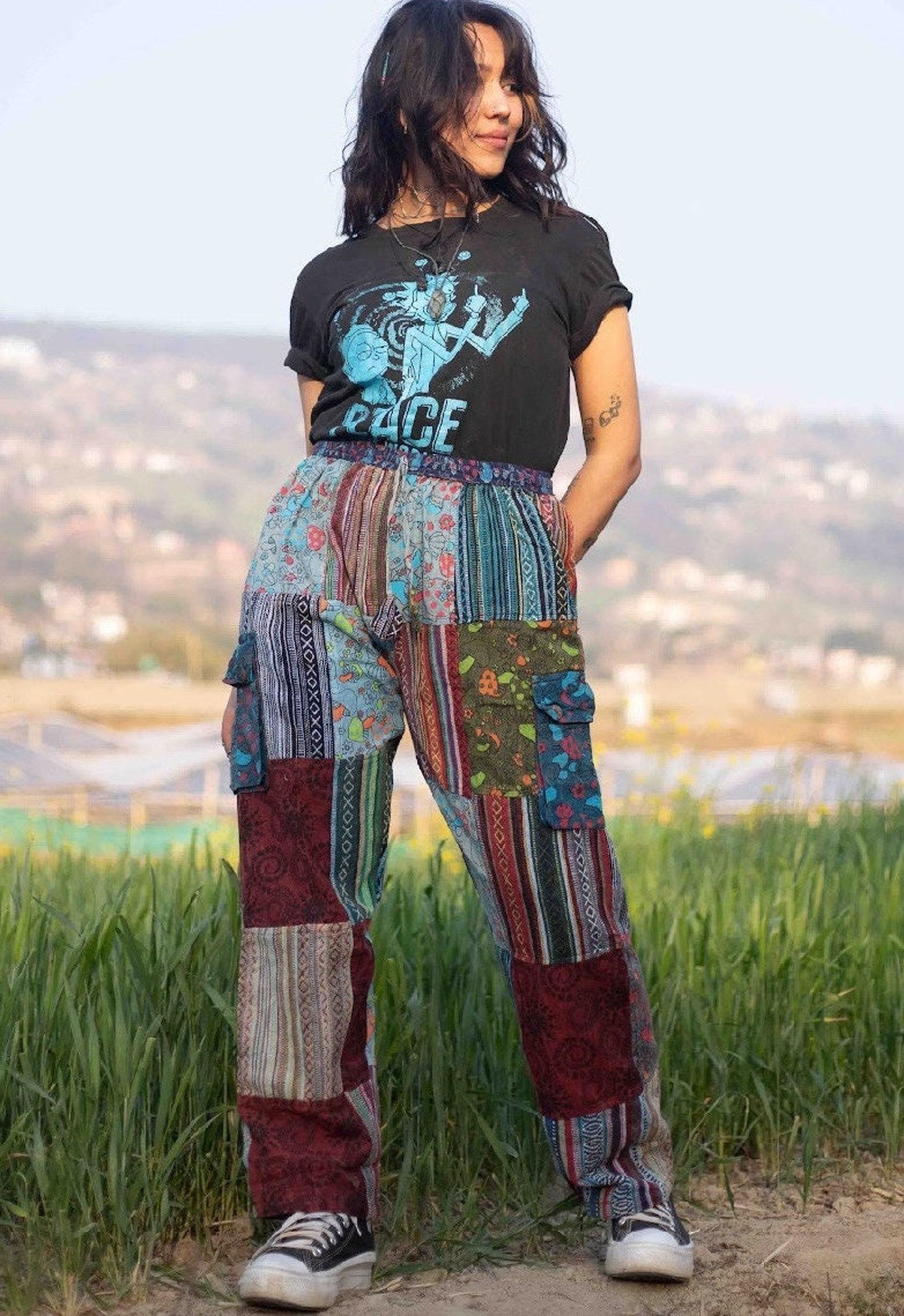 Patchwork Hippie Cotton Pants Unisex Mushroom Trousers for Festivals, Holidays, Yoga, and Summer | Ethically Made in Nepal - Image 3