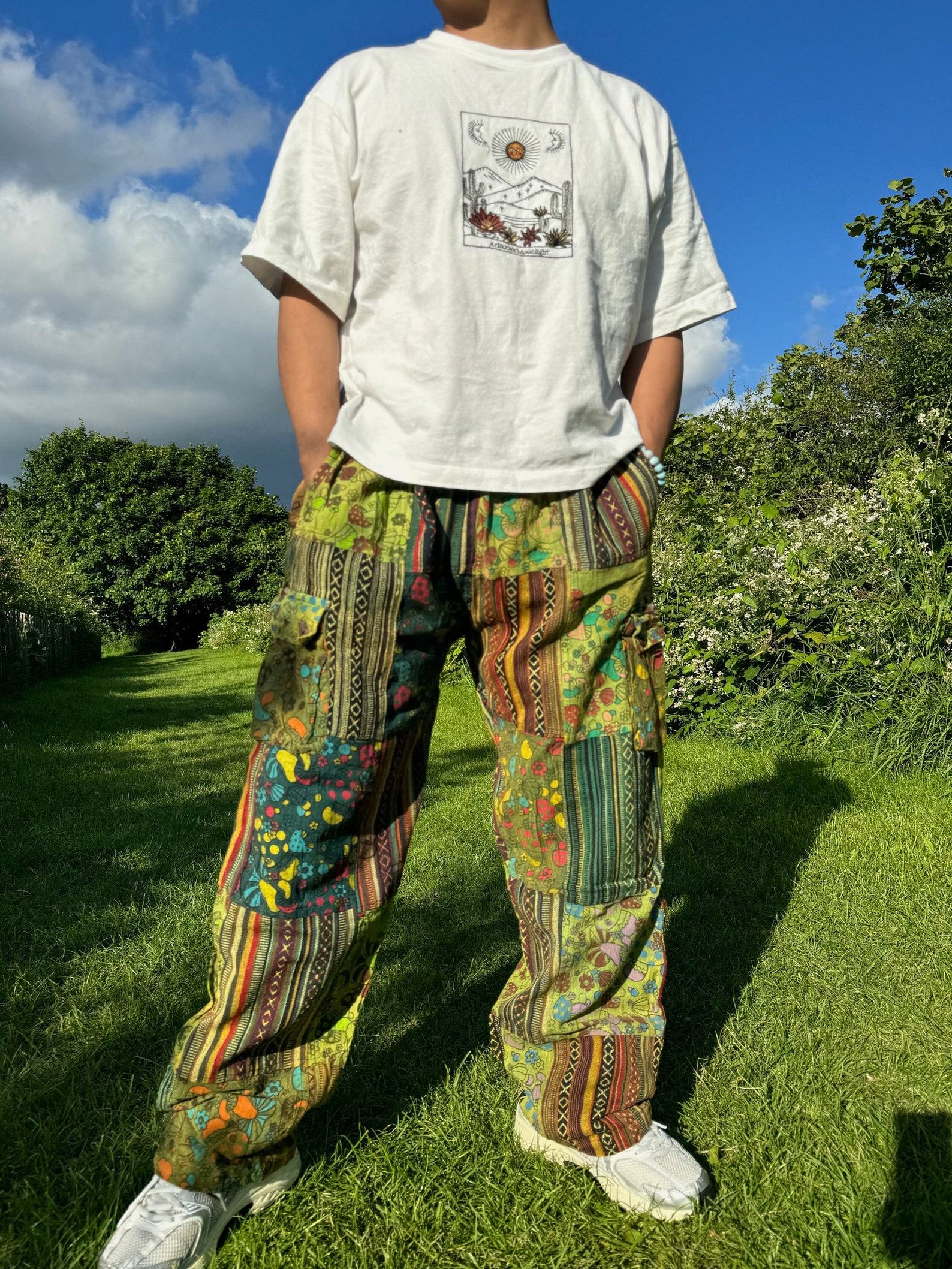 Patchwork Hippie Cotton Pants Unisex Mushroom Trousers for Festivals, Holidays, Yoga, and Summer | Ethically Made in Nepal - Image 2