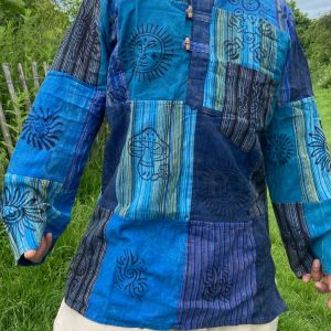 Patchwork Paradise Multi-Colored Blockprint Overdye Stonewash Nepali Shirt for Festival Vibes
