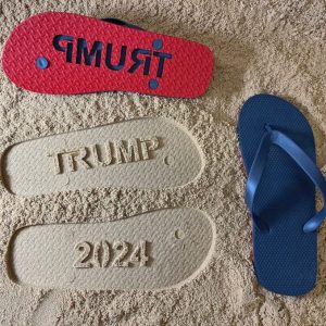 Patriotic TRUMP 2024 Flip Flops with Sandy Beach Imprint – Express Your Support in Style