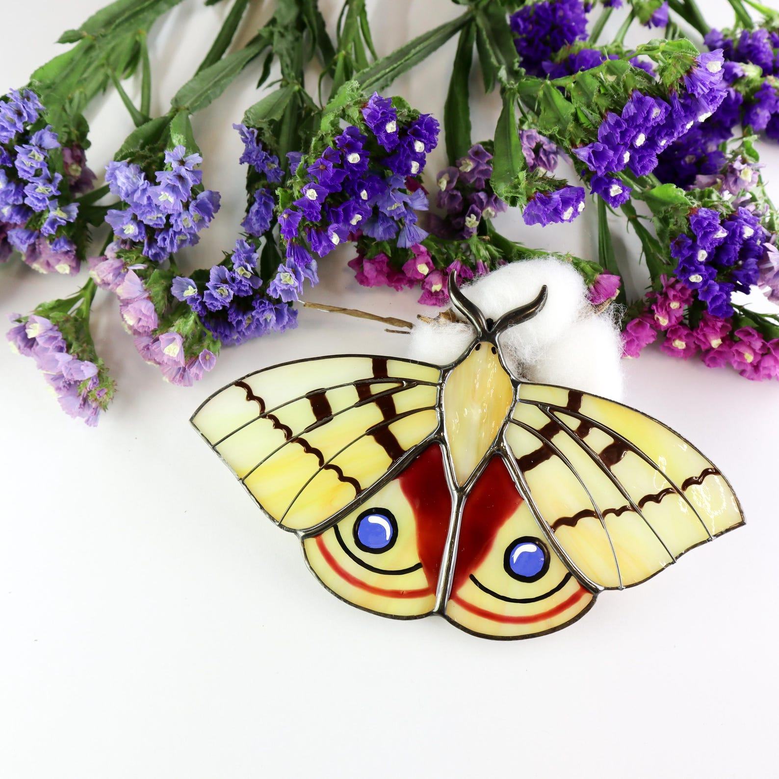 Peacock Moth Suncatcher – Stained Glass Butterfly Window Hanging – Unique Present for Mom