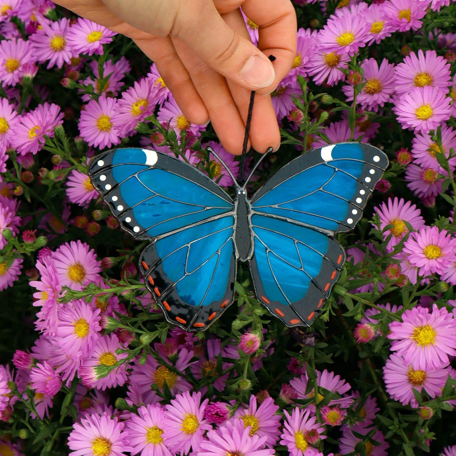 Peleides Blue Morpho Butterfly Suncatcher – Stained Glass Window Hanging, Unique Home & Garden Decor