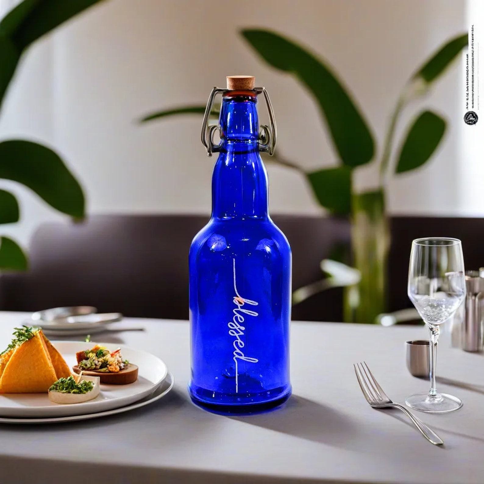 Personalized 16 oz Blue Glass Water Bottle Stay Hydrated, Stay Healthy