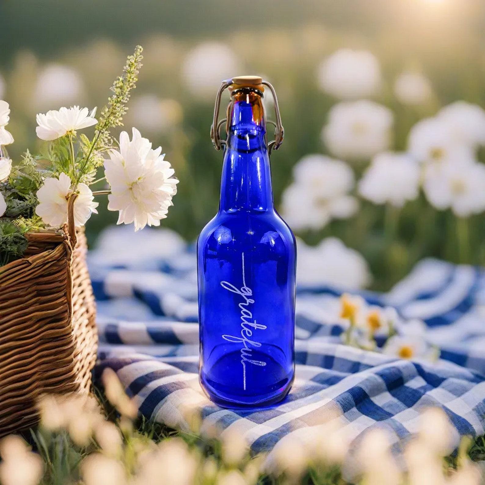 Personalized 16 oz Blue Glass Water Bottle Stay Hydrated, Stay Healthy