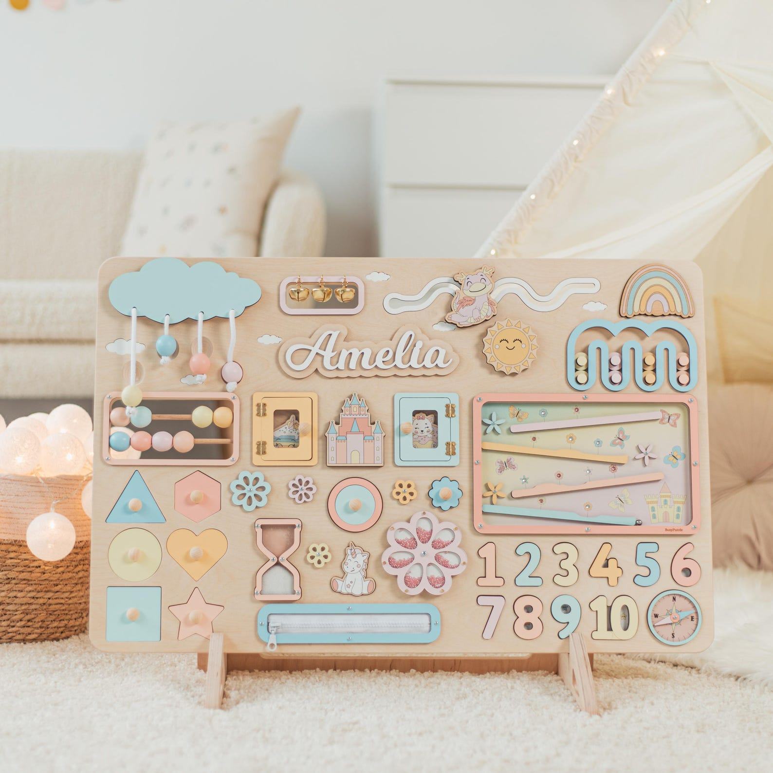 Personalized 1st Birthday Busy Board with Stand – Montessori Sensory Toy for Baby Boys