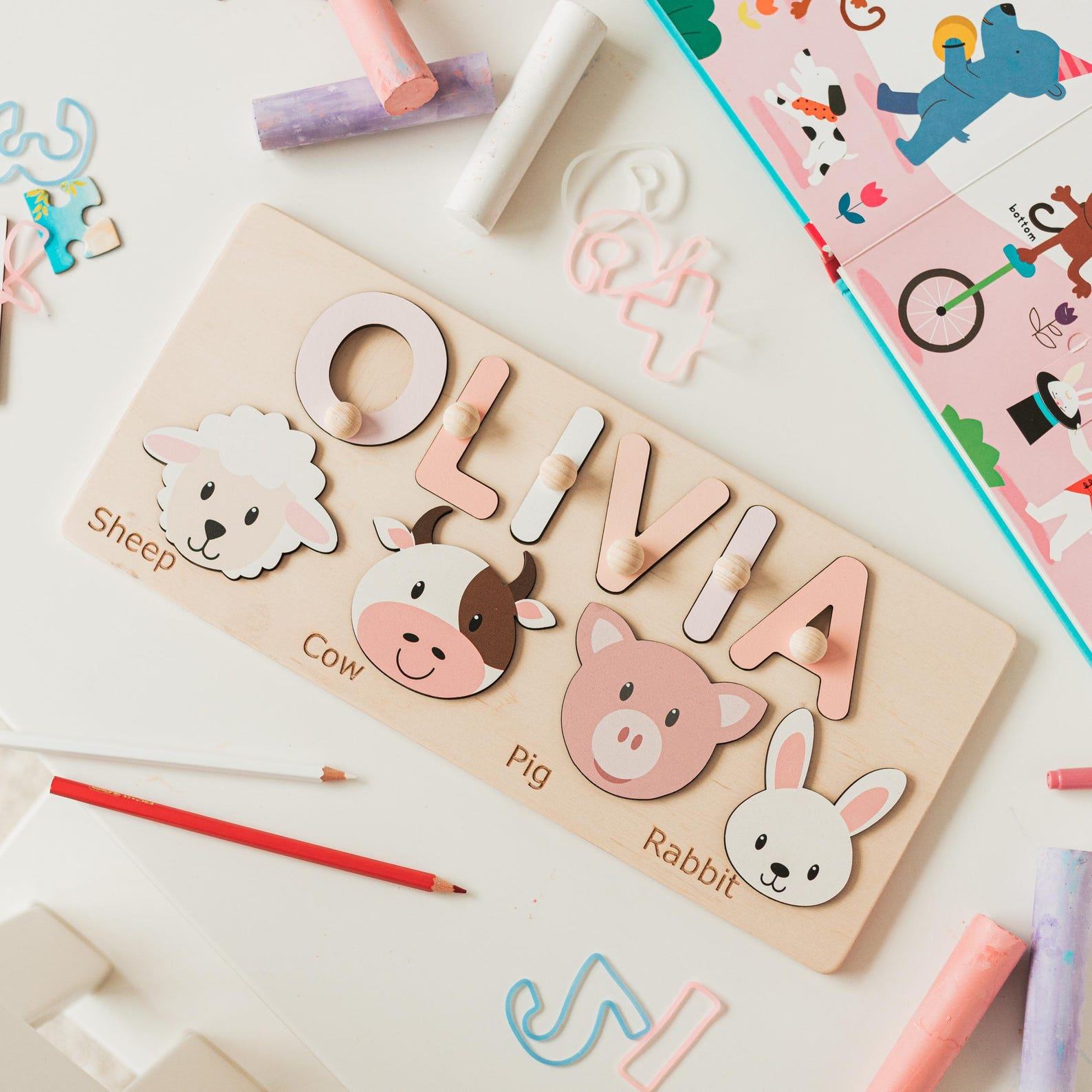 Personalized Animal Busy Board Puzzle – Montessori Toddler Toy | Custom Name Learning Present