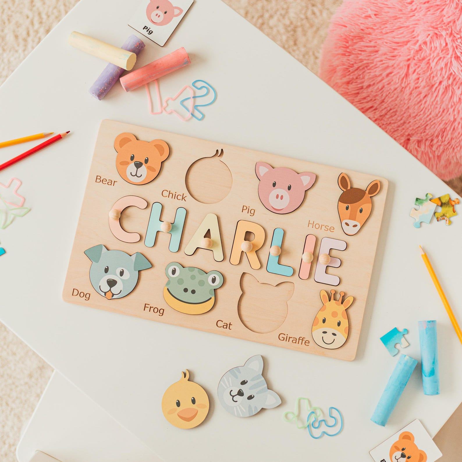 Personalized Animal Name Puzzle – Montessori Toy, Christmas Present for Toddlers & Baby’s 1st Birthday
