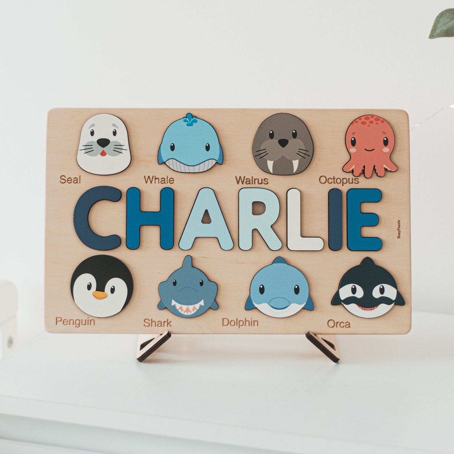 Personalized Animal Name Puzzle – Montessori Toy for Baby, Custom Zoo Nursery Decor, Unique Birthday Present