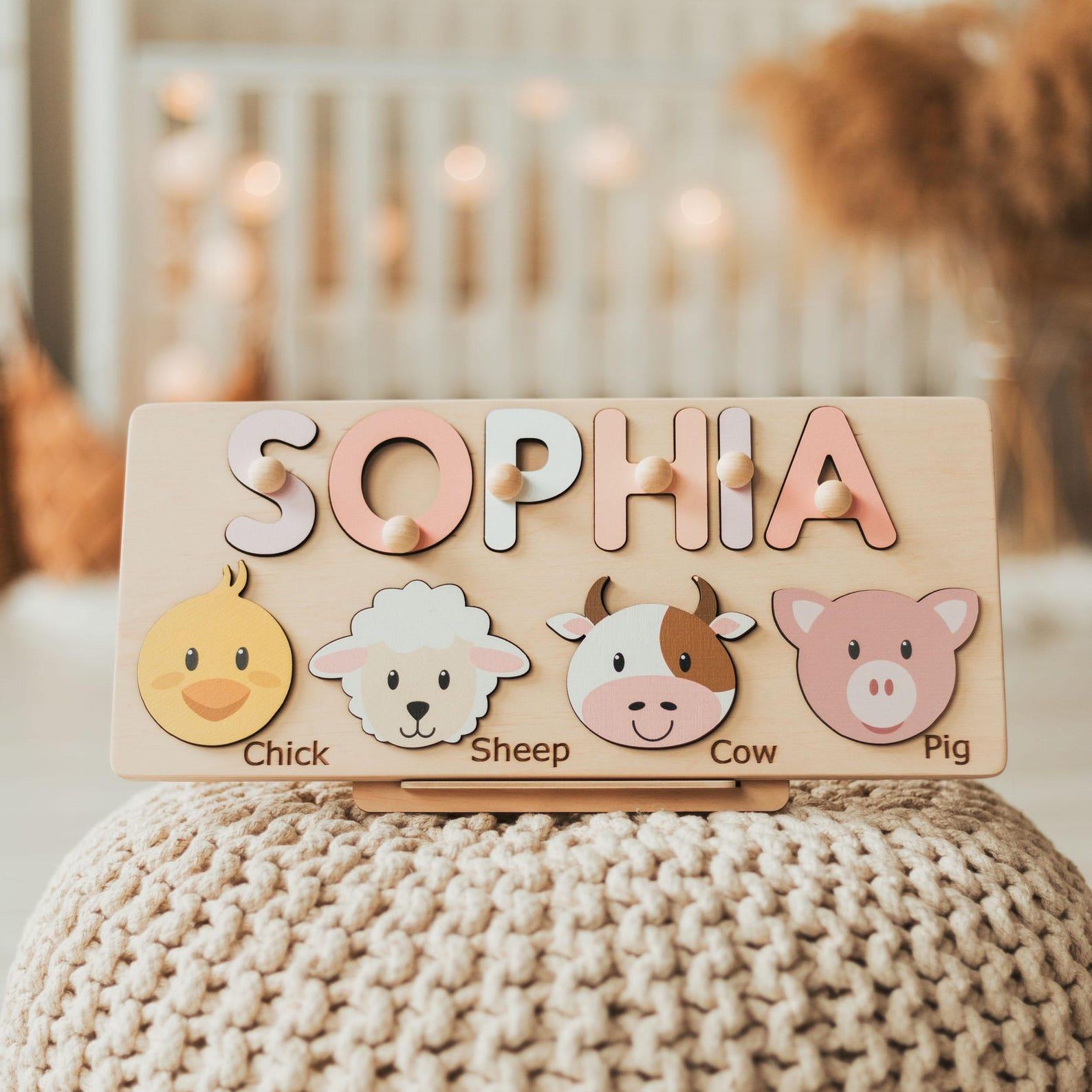 Personalized Animal Name Puzzle – Montessori Wooden Toy for Toddlers, Ocean Nursery Decor, Baby Shower & 1st Birthday Present