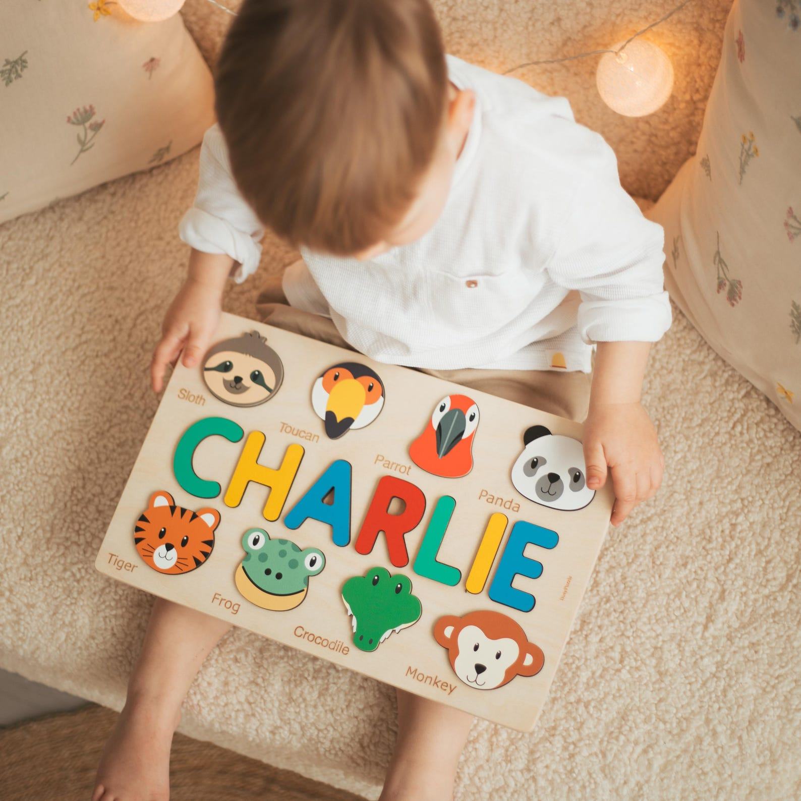 Personalized Animal Name Puzzle Busy Board – Montessori Easter Present for 2 Year Olds