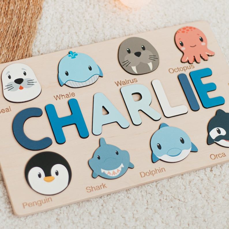 Personalized Animal Name Puzzle Educational Montessori Toy for Ocean Nursery Decor and Toddler Development