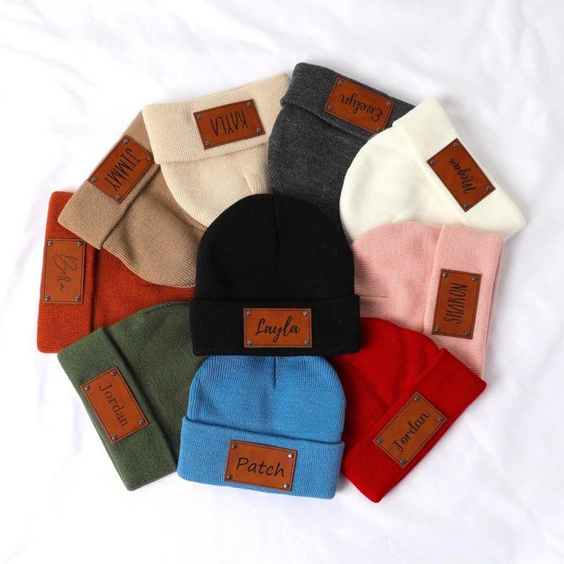 Personalized Baby Beanie – Embroidered Name Hat, Leather Patch Option – Newborn Present, Christmas Beanie
