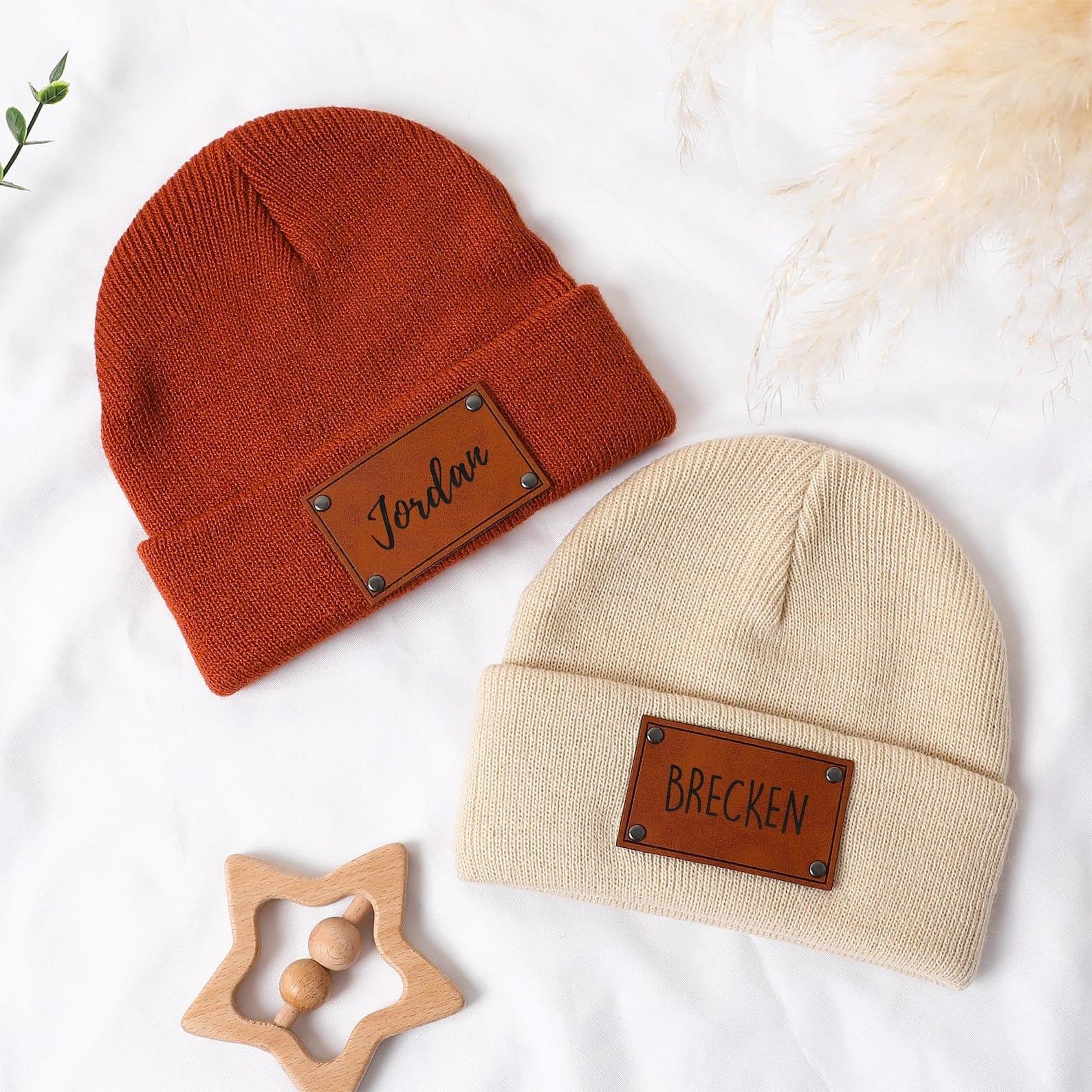 Personalized Baby Beanie – Embroidered Name Hat, Leather Patch Option – Newborn Present, Christmas Beanie