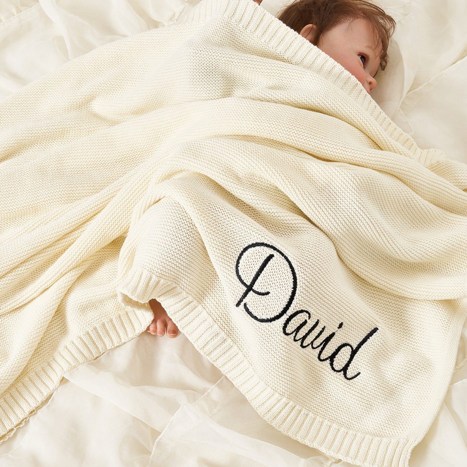 Personalized Baby Blanket  Embroidered Name, Soft Cotton Knit – Perfect Newborn/Christmas Present