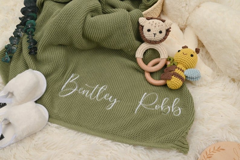 Personalized Baby Blanket Embroidered Name, Soft Cotton Knit – Perfect Newborn/Christmas Present