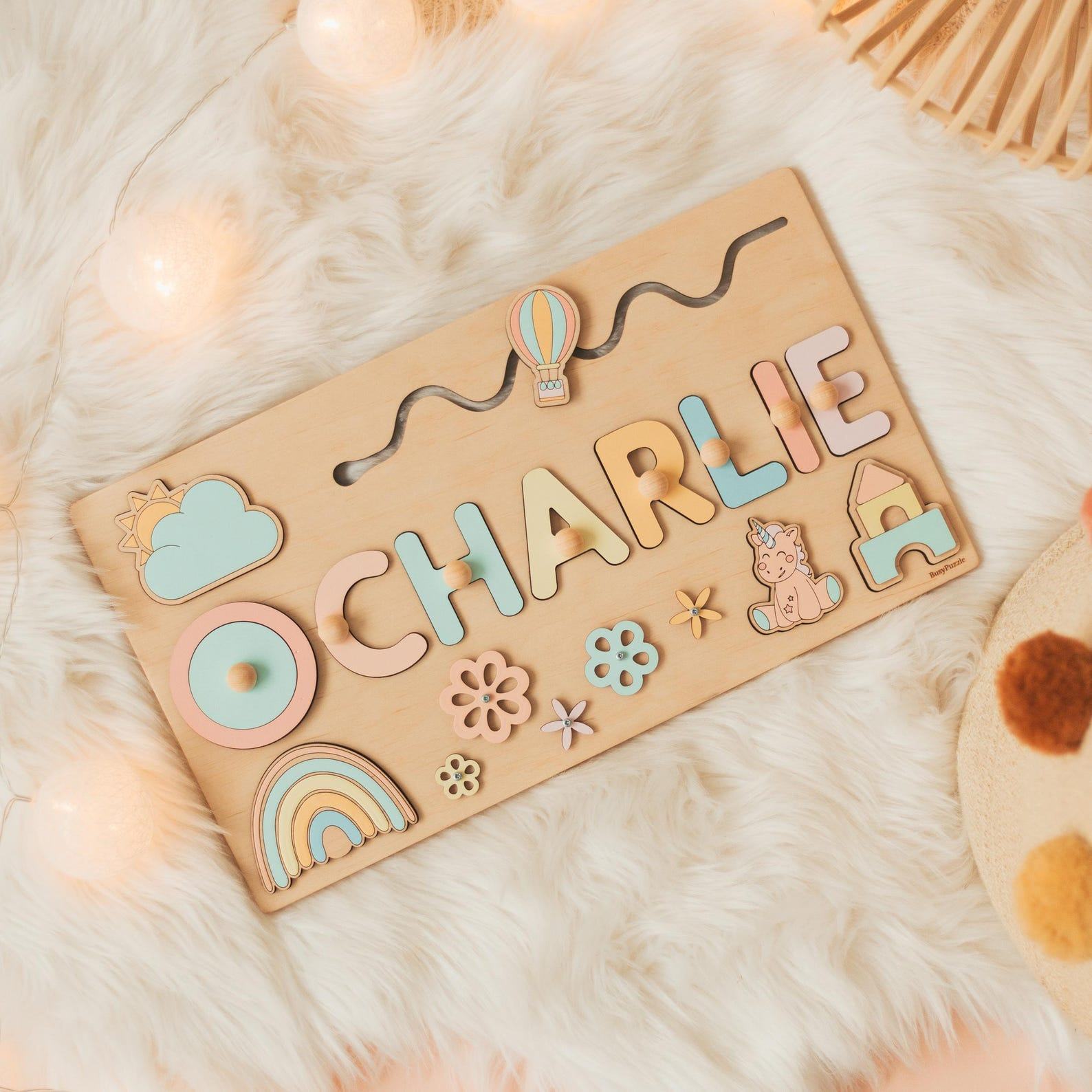 Personalized Baby Busy Board – Montessori Sensory Toy, Christmas Present, Name Puzzle – Boho Kids Activity Board