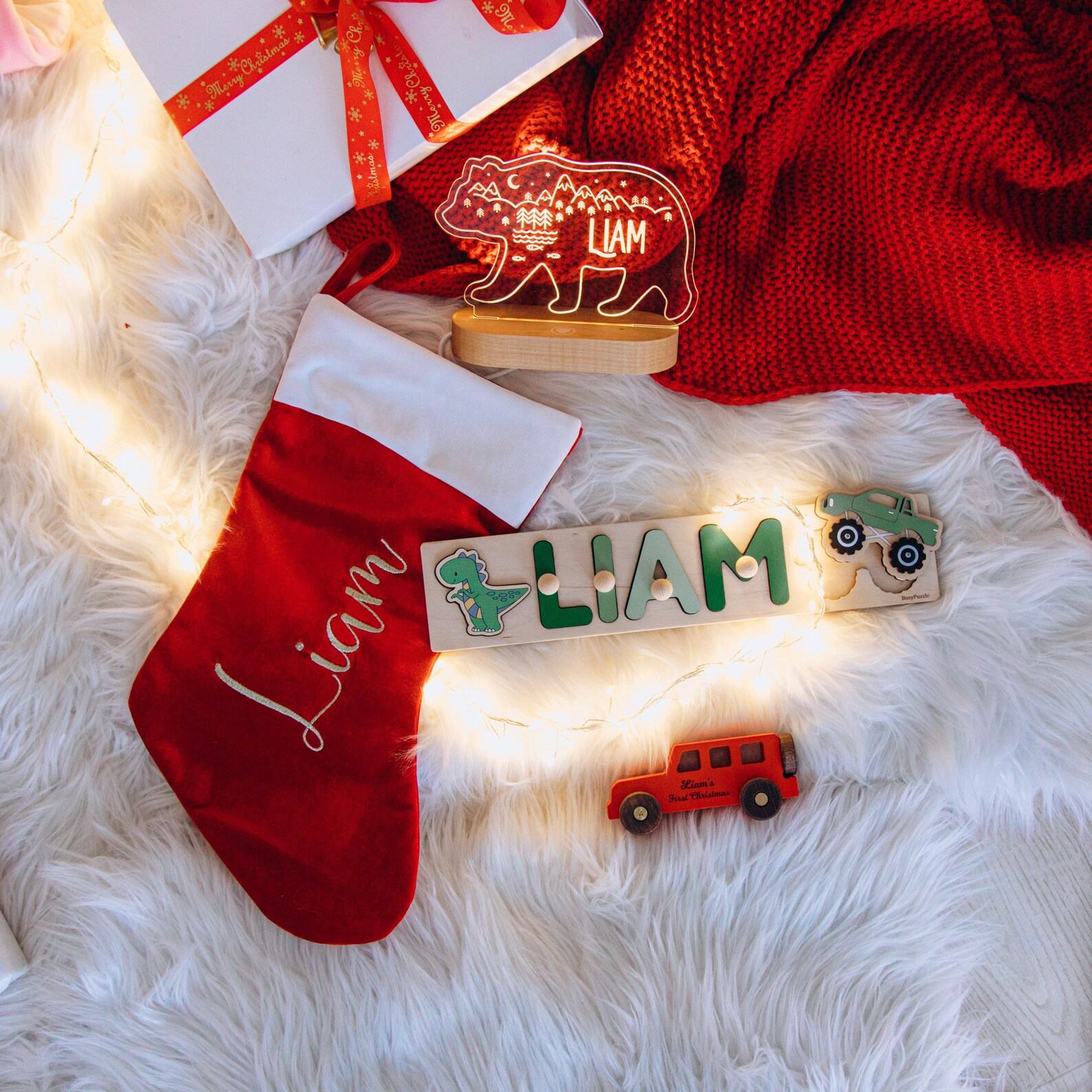 Personalized Baby Girl First Christmas Present Set  Name Puzzle, Night Light & Keepsake Stocking Stuffers