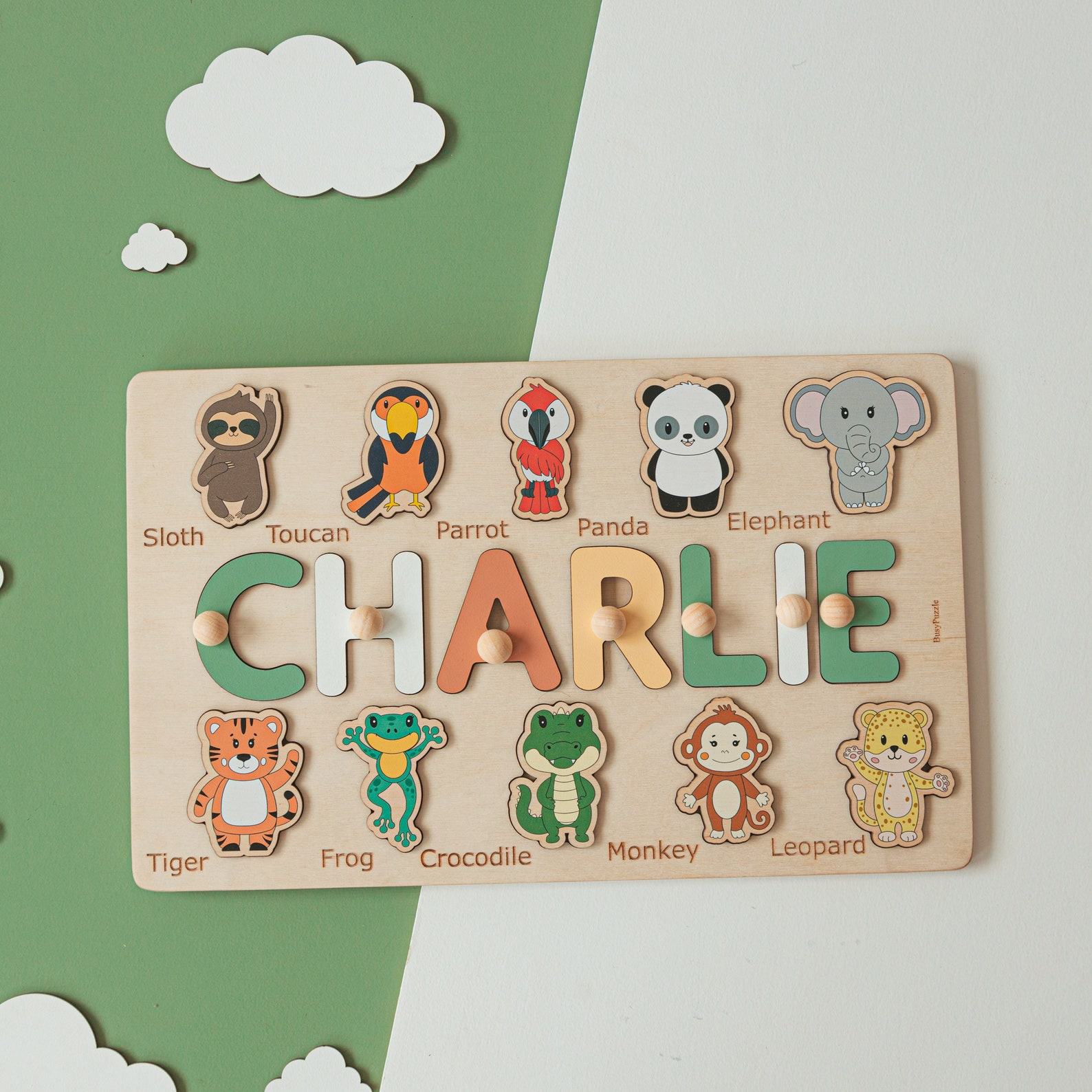 Personalized Baby Girl Name Puzzle – Easter Present, Montessori Toy, Wooden Animals, Baptism Present, 3 Year Old
