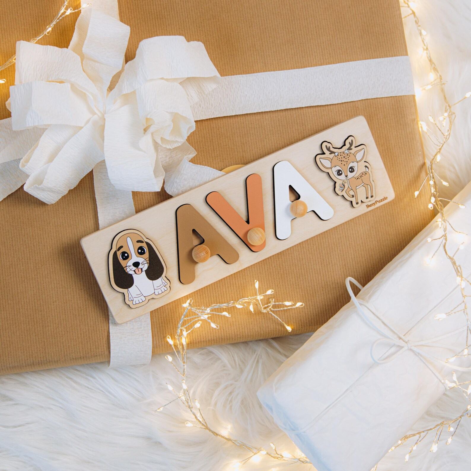 Personalized Baby Name Puzzle – Cute Wooden Montessori Toy for Girls – 1st Birthday & Easter Present – Nursery Decor