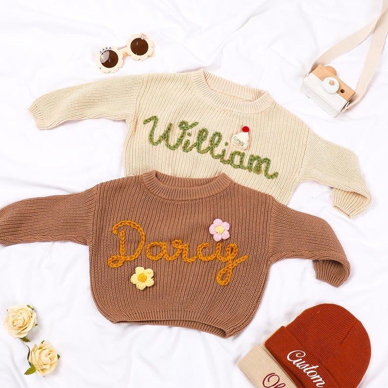 Personalized Baby Name Sweater – Custom Embroidered Knit for Toddlers | Unique Baby Shower & Birthday Present