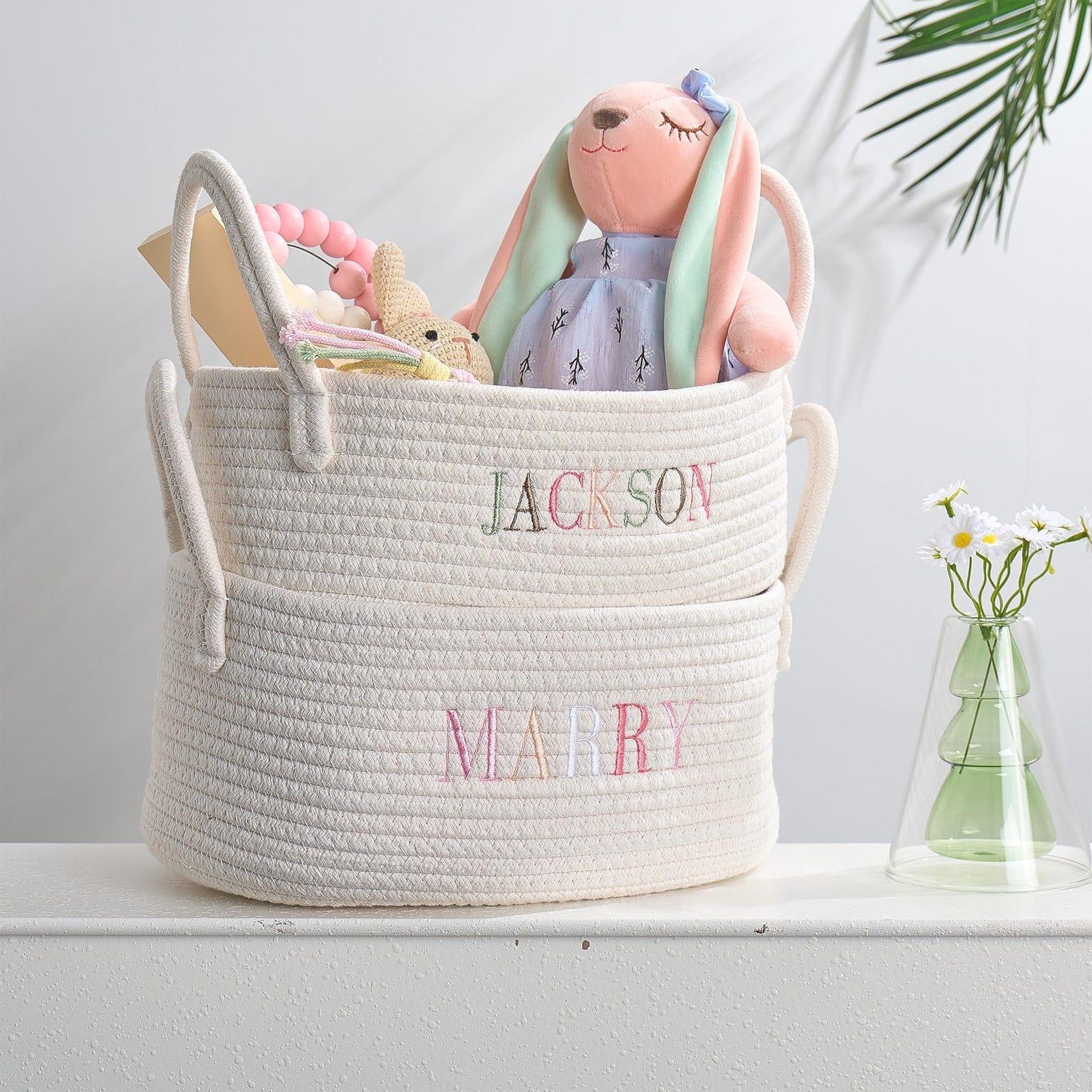 Personalized Baby Present Basket – Custom Name Rope Basket for Baby Shower & Nursery Decor