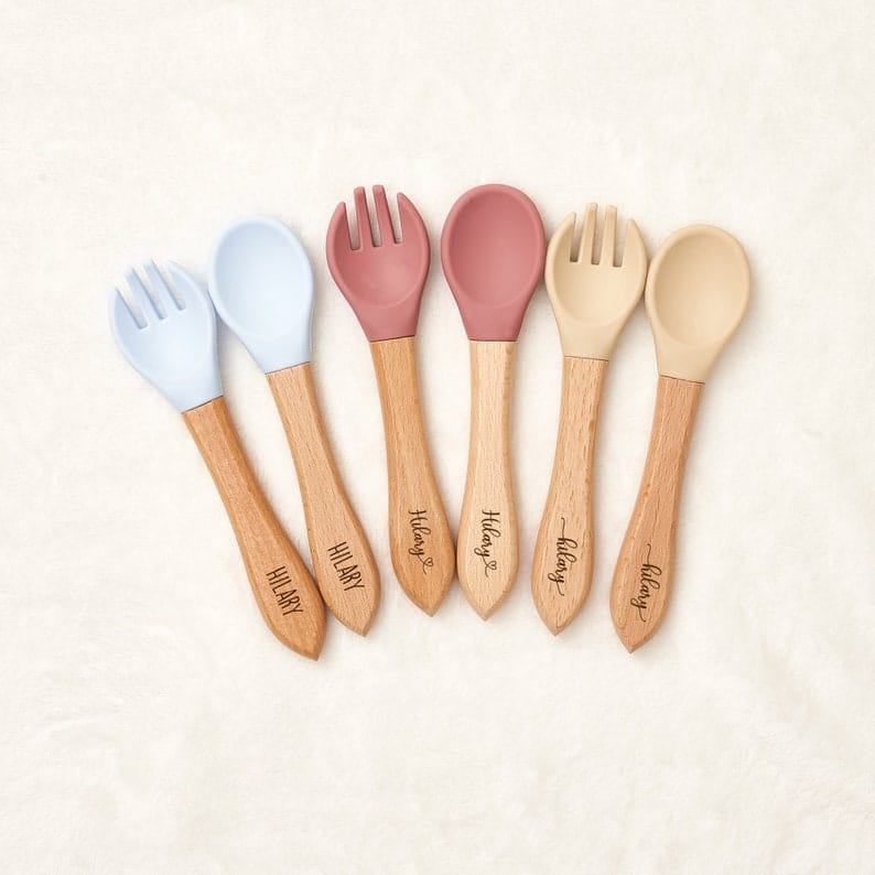 Personalized Baby Spoon & Fork Set – Silicone Cutlery for Infants – Unique Baby Shower Present