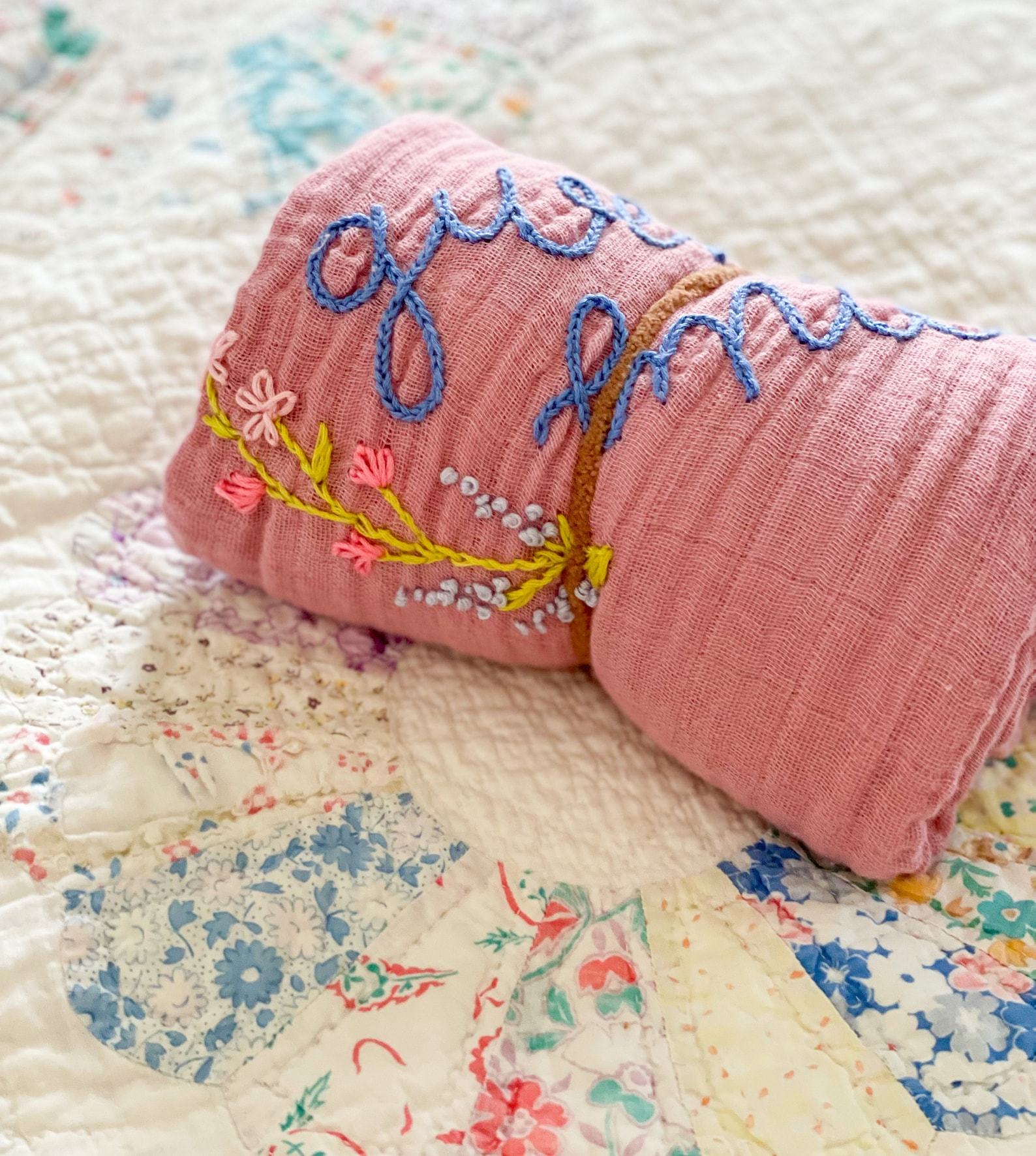 Personalized Baby Swaddle Blanket Embroidered with Name and Floral Spray, Soft Cotton Muslin - Image 5