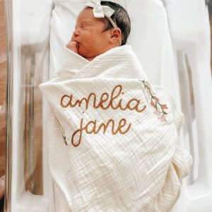 Personalized Baby Swaddle Blanket Embroidered with Name and Floral Spray, Soft Cotton Muslin