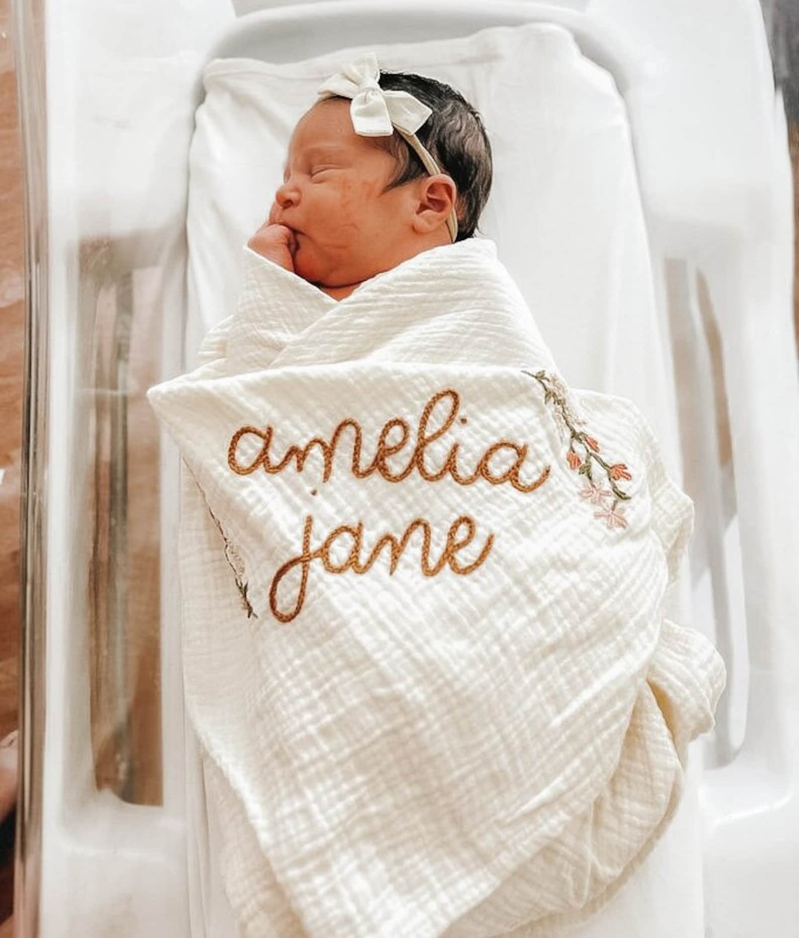 Personalized Baby Swaddle Blanket Embroidered with Name and Floral Spray, Soft Cotton Muslin - Image 2