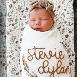 Personalized Baby Swaddle Blanket Embroidered with Name and Floral Spray, Soft Cotton Muslin
