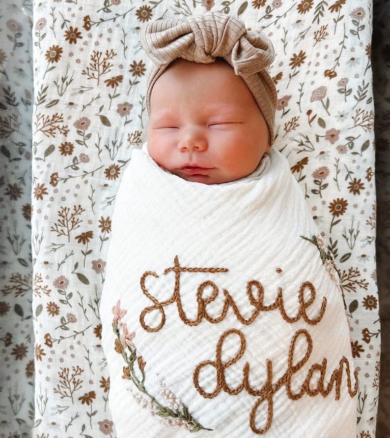 Personalized Baby Swaddle Blanket Embroidered with Name and Floral Spray, Soft Cotton Muslin